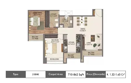 Sai World City Floorplan 2 BHK-710 SqFt - 862 SqFt